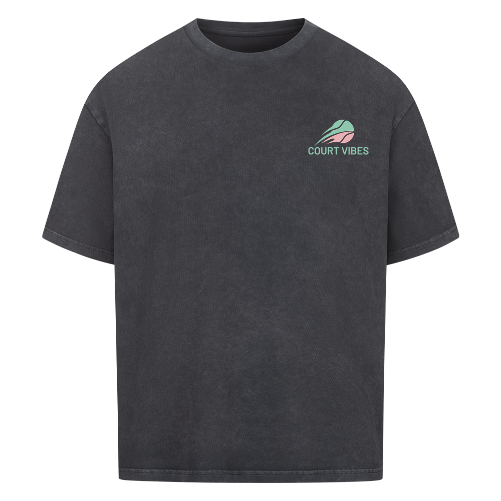 Tennis Parents Meeting auf Oversized Shirt, Farbe verwaschen schwarz