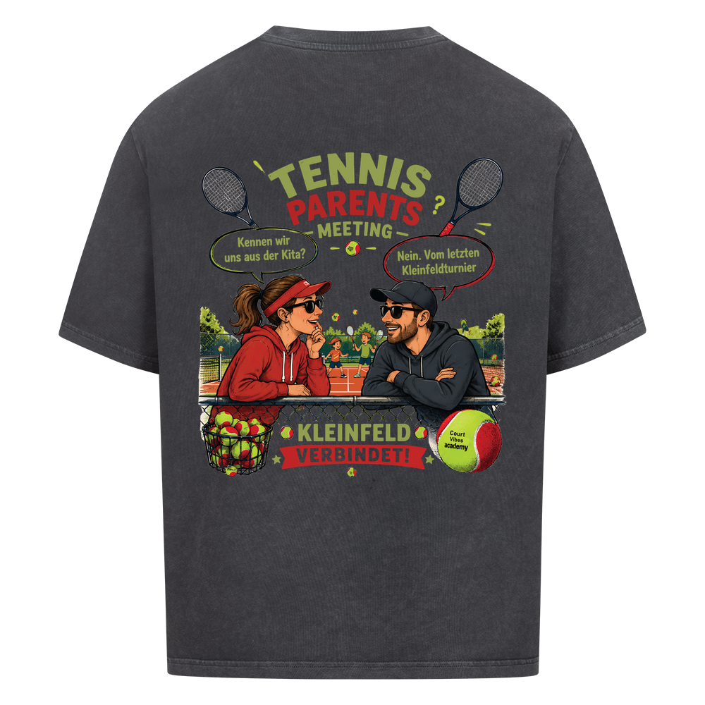 Tennis Parents Meeting auf Oversized Shirt, Farbe verwaschen schwarz