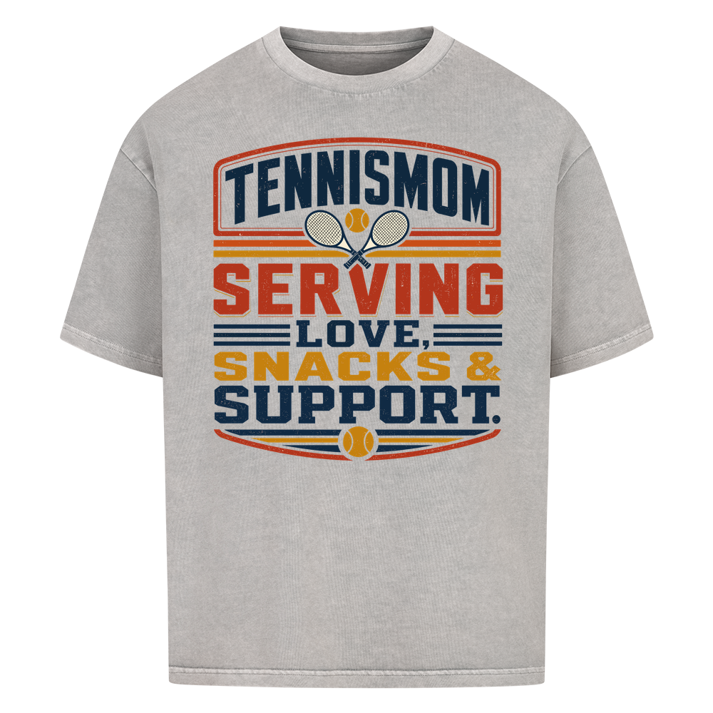 Tennismama Snacks & Support Retro auf Oversized Shirt, Farbe verwaschen grau