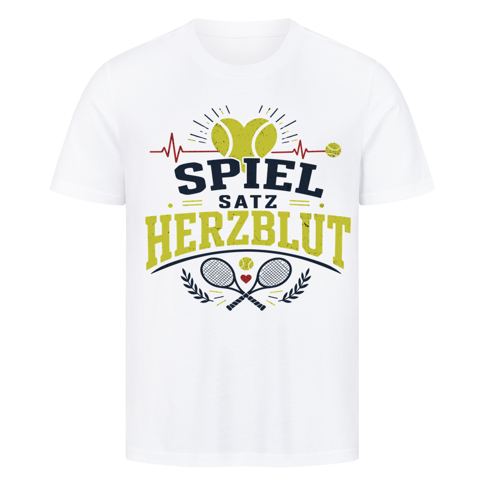 Spiel, Satz & Herzblut auf T-Shirt, Farbe weiß