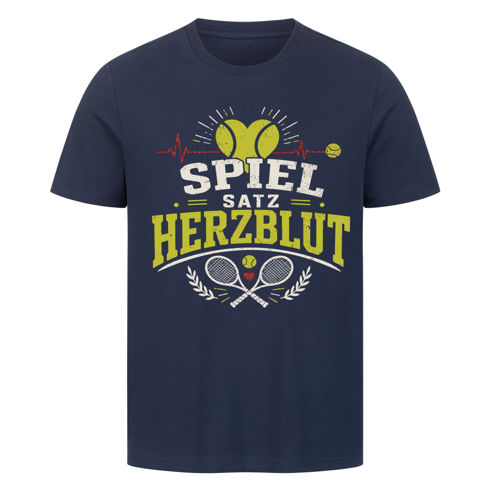 Spiel, Satz & Herzblut auf T-Shirt, Farbe marineblau