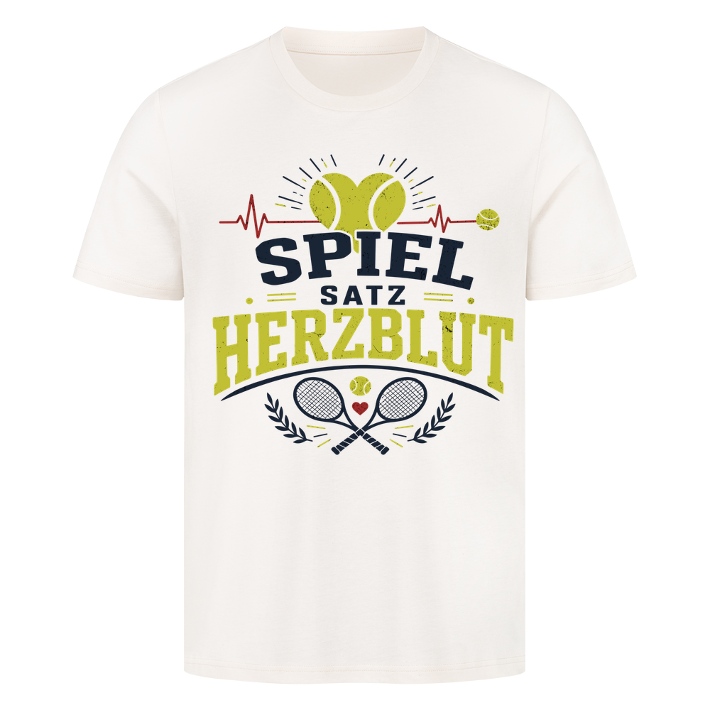 Spiel, Satz & Herzblut auf T-Shirt, Farbe naturweiß