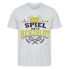 Spiel, Satz & Herzblut auf T-Shirt, Farbe grau meliert
