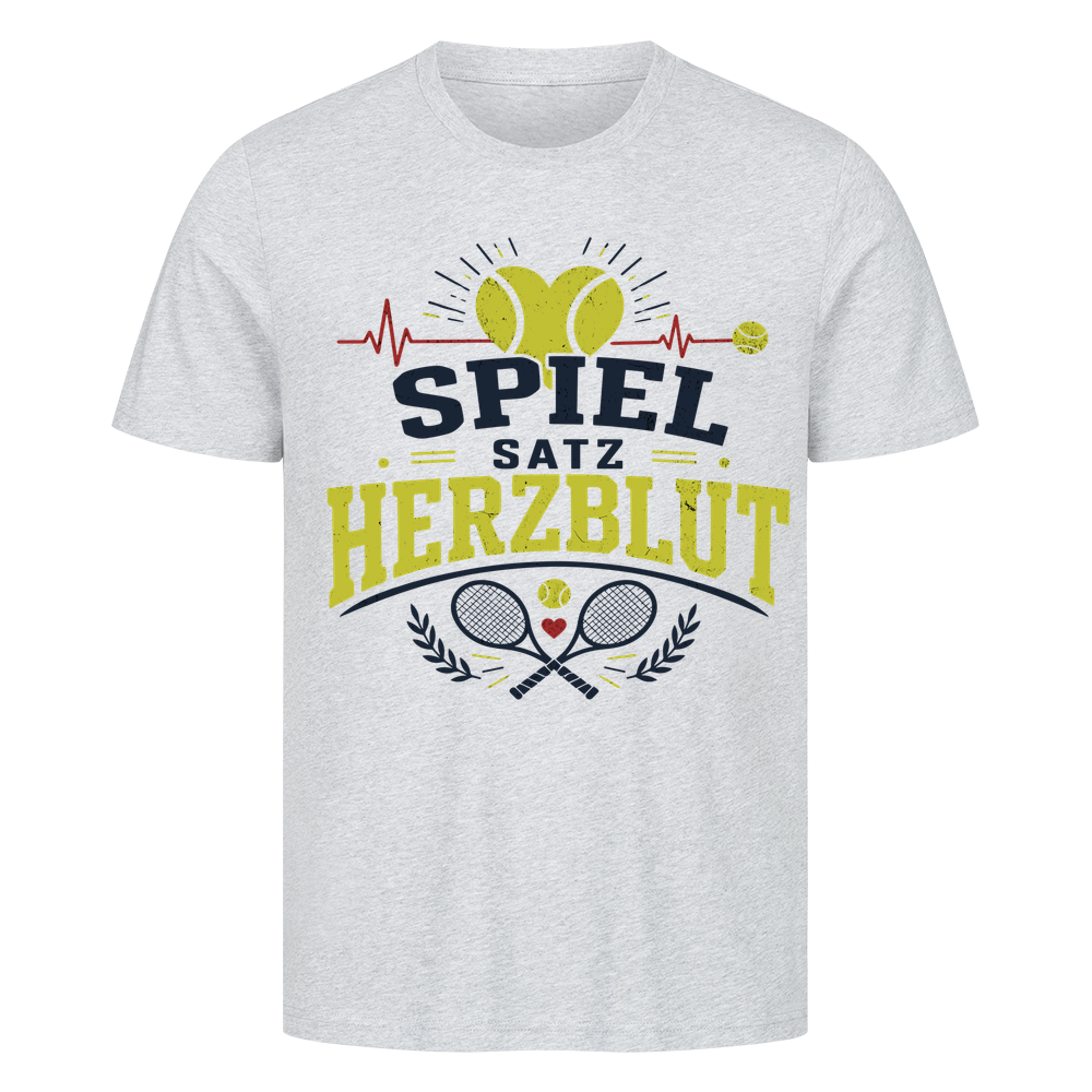 Spiel, Satz & Herzblut auf T-Shirt, Farbe grau meliert
