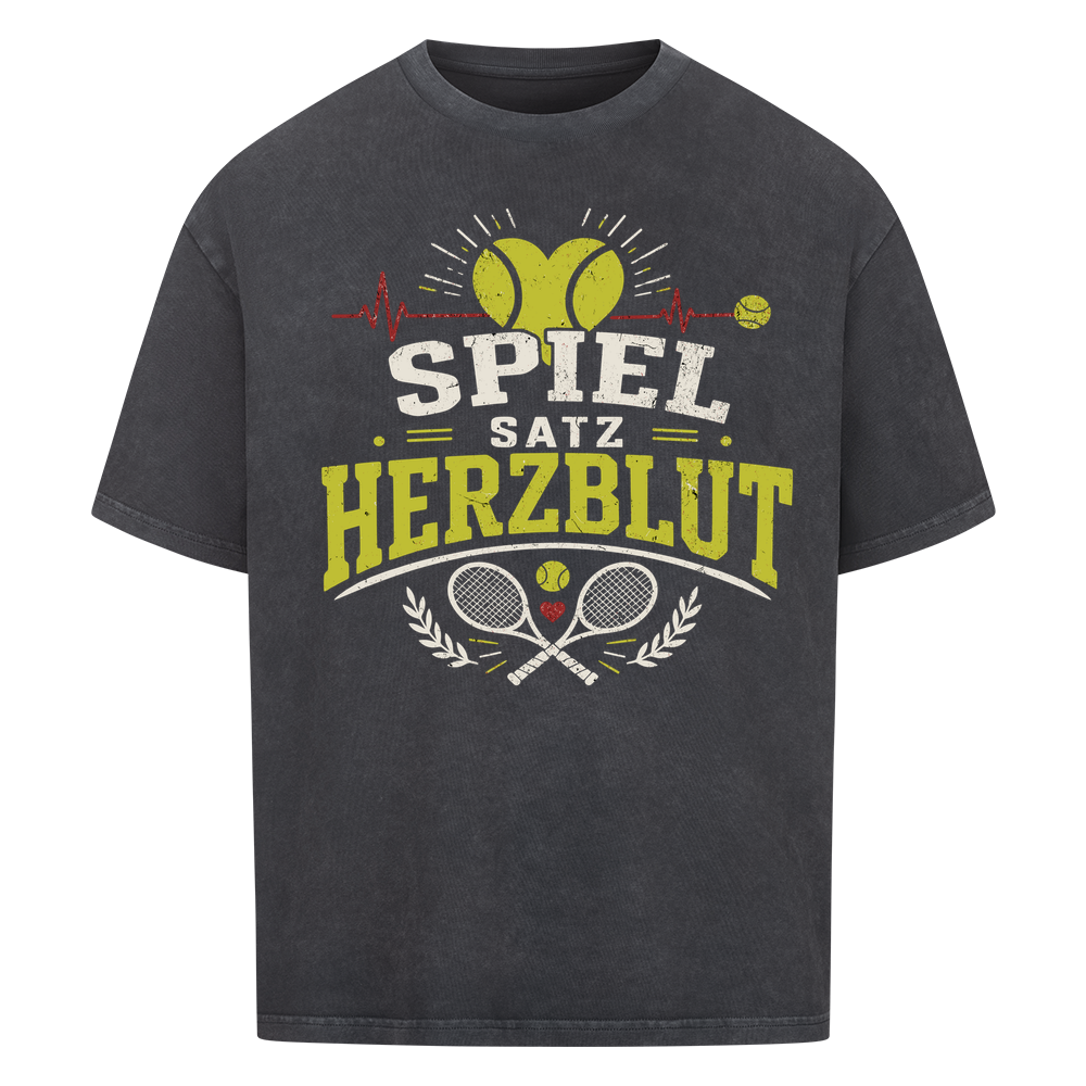 Spiel, Satz & Herzblut auf Oversized Shirt, Farbe verwaschen schwarz