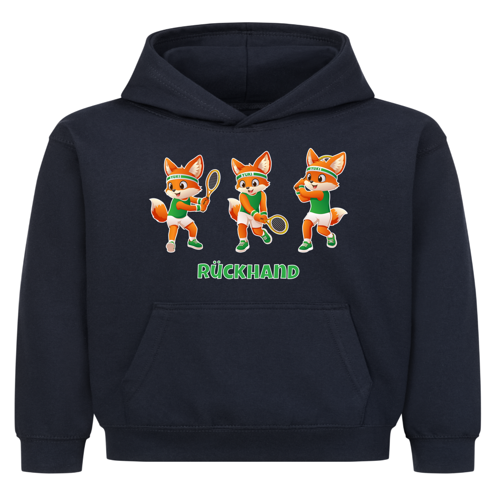 Yuki Rückhand auf Kinder-Hoodie, Farbe marineblau