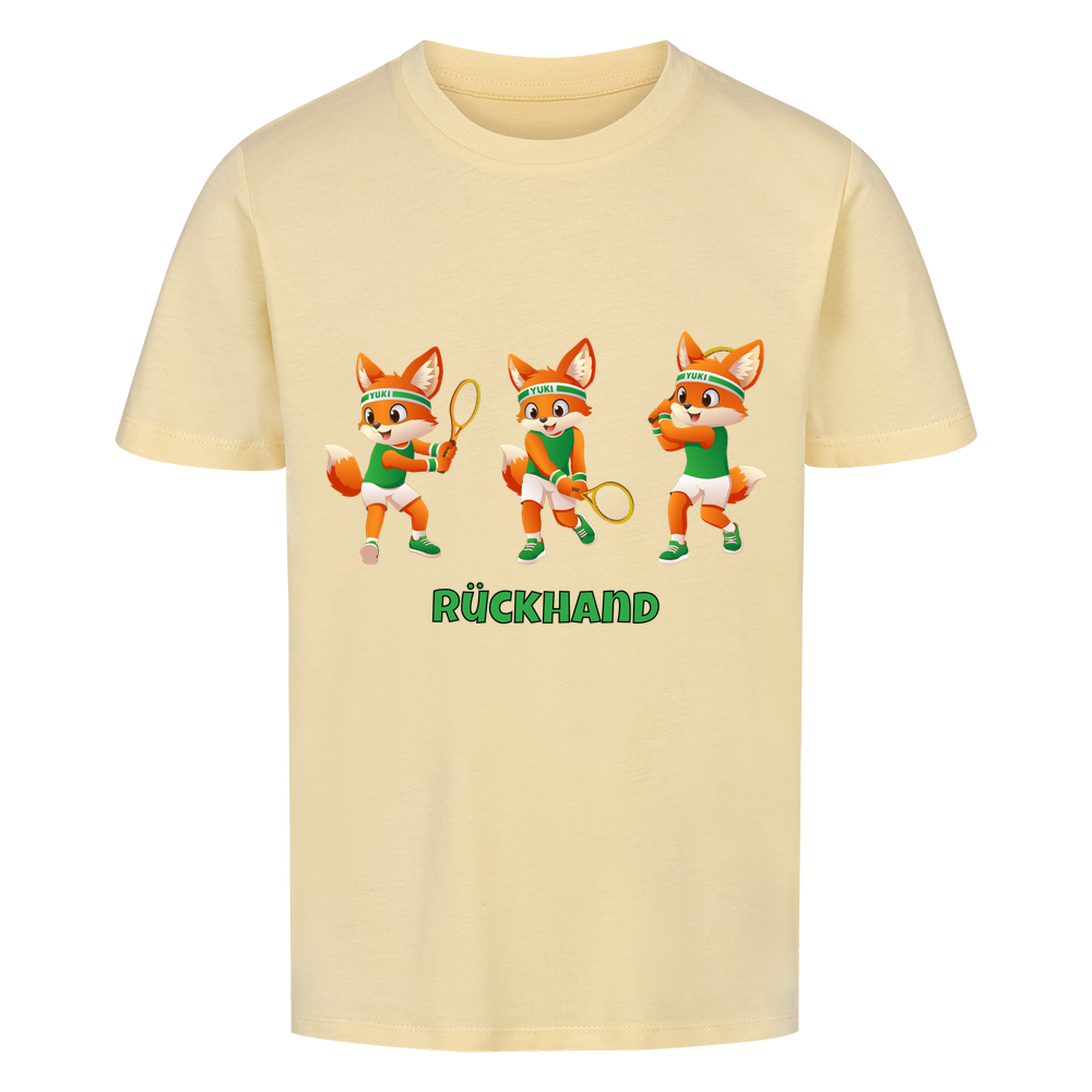 Yuki Rückhand auf Kinder-Shirt, Farbe buttergelb