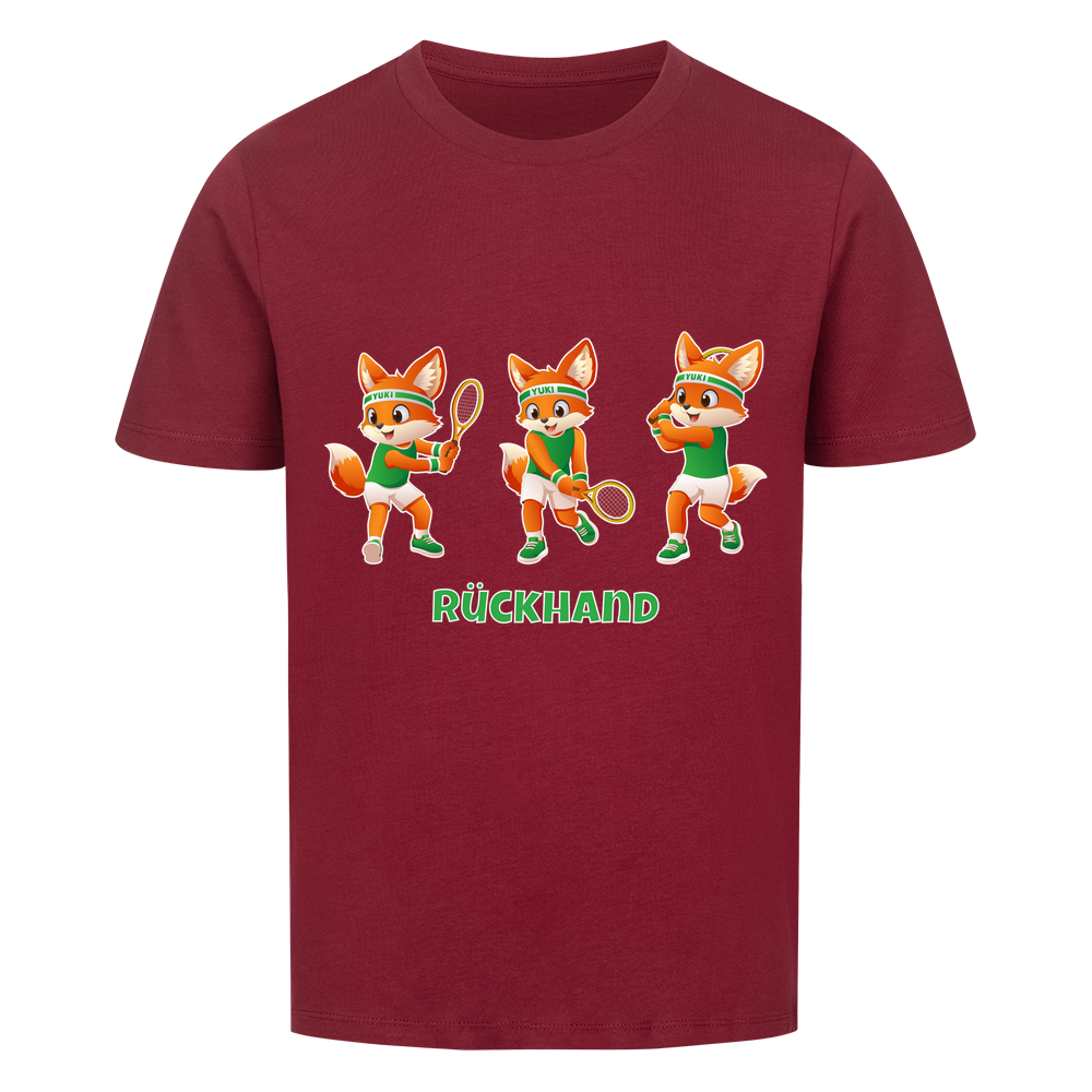 Yuki Rückhand auf Kinder-Shirt, Farbe weinrot