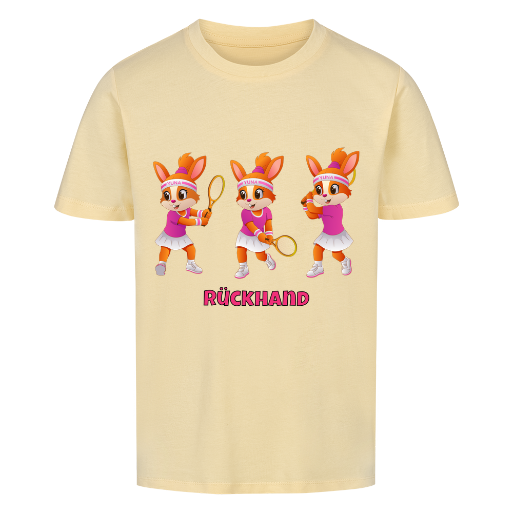 Yuna Rückhand auf Kinder-Shirt, Farbe buttergelb