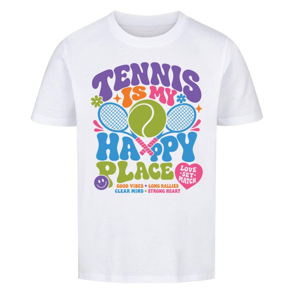 Tennis Happy Place auf Kinder-Shirt, Farbe weiß