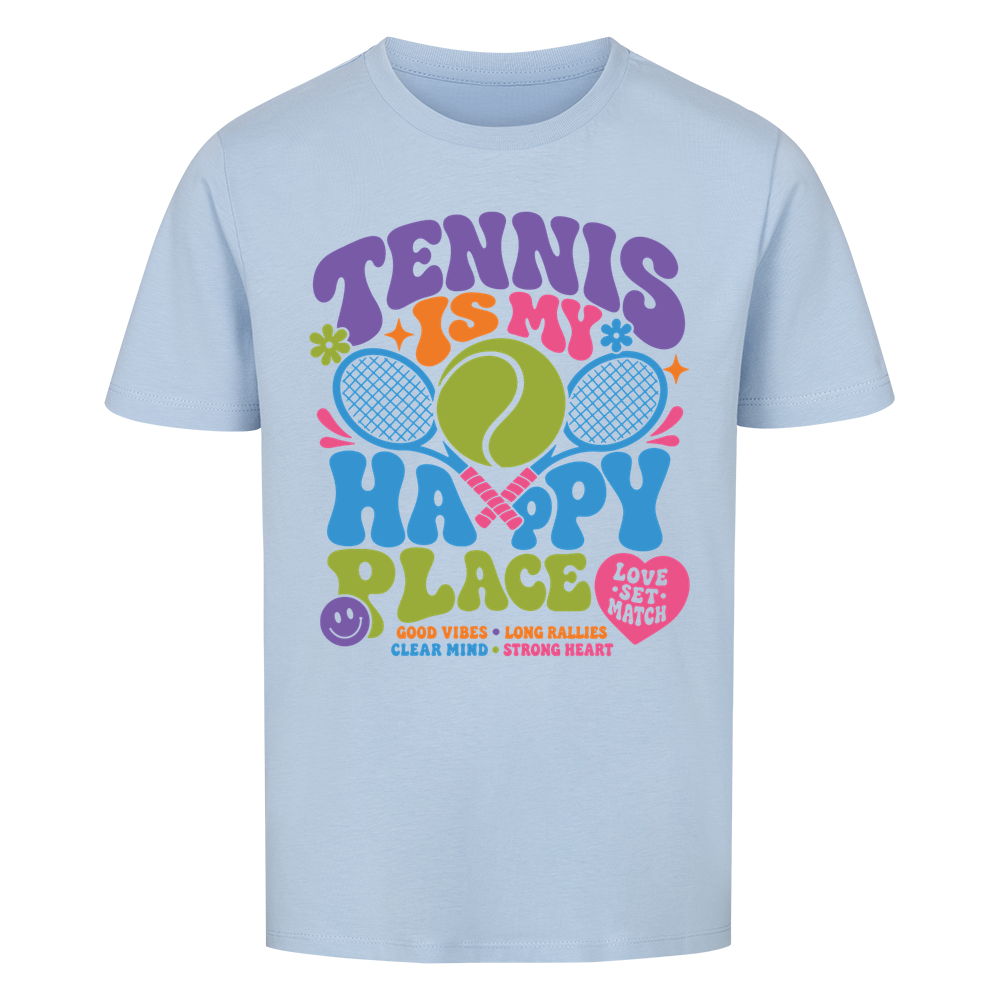 Tennis Happy Place auf Kinder-Shirt, Farbe himmelblau