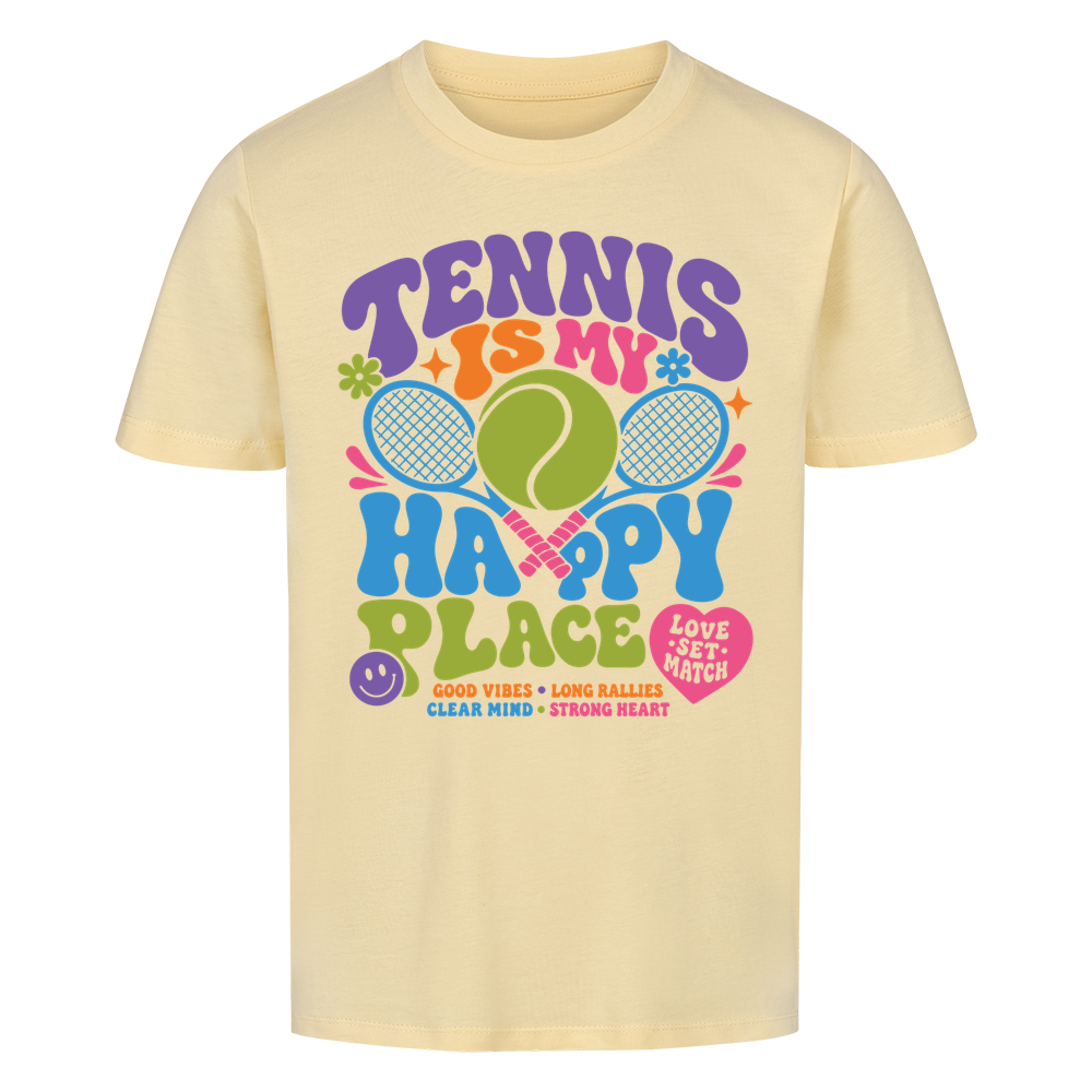 Tennis Happy Place auf Kinder-Shirt, Farbe buttergelb