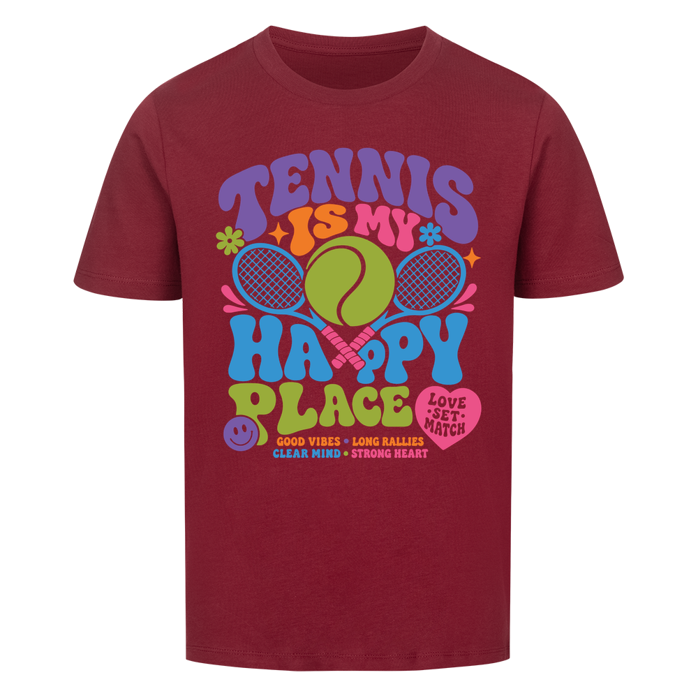 Tennis Happy Place auf Kinder-Shirt, Farbe weinrot