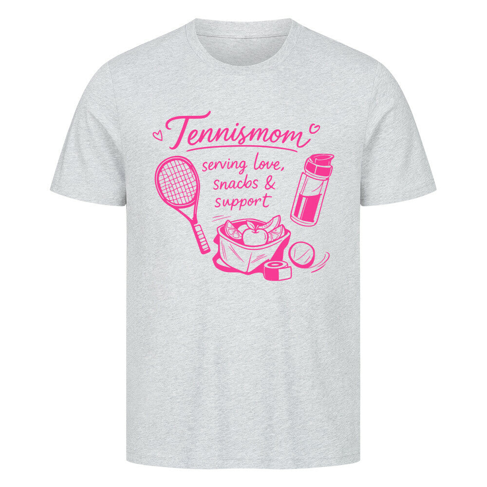 Tennismama Snacks & Support Pink auf T-Shirt, Farbe grau meliert
