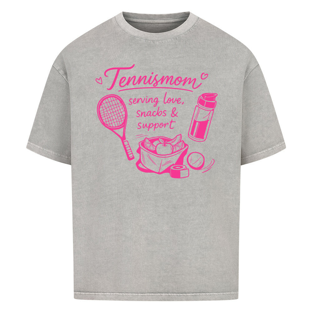 Tennismama Snacks & Support Pink auf Oversized Shirt, Farbe verwaschen grau