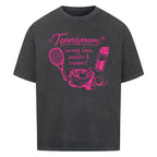 Tennismama Snacks & Support Pink auf Oversized Shirt, Farbe verwaschen schwarz