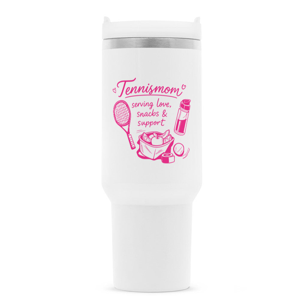 Tennismama Snacks & Support Pink auf Thermobecher, Farbe weiß