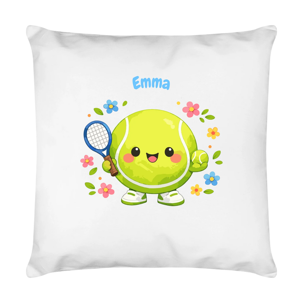 Tennisball Maskottchen mit Name auf Kissen, Farbe weiß