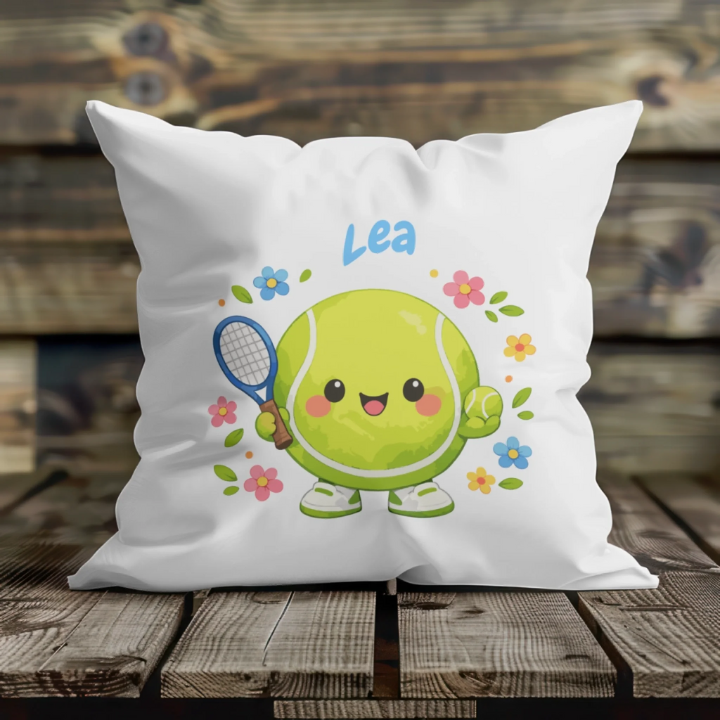 Tennisball Maskottchen mit Name auf Kissen