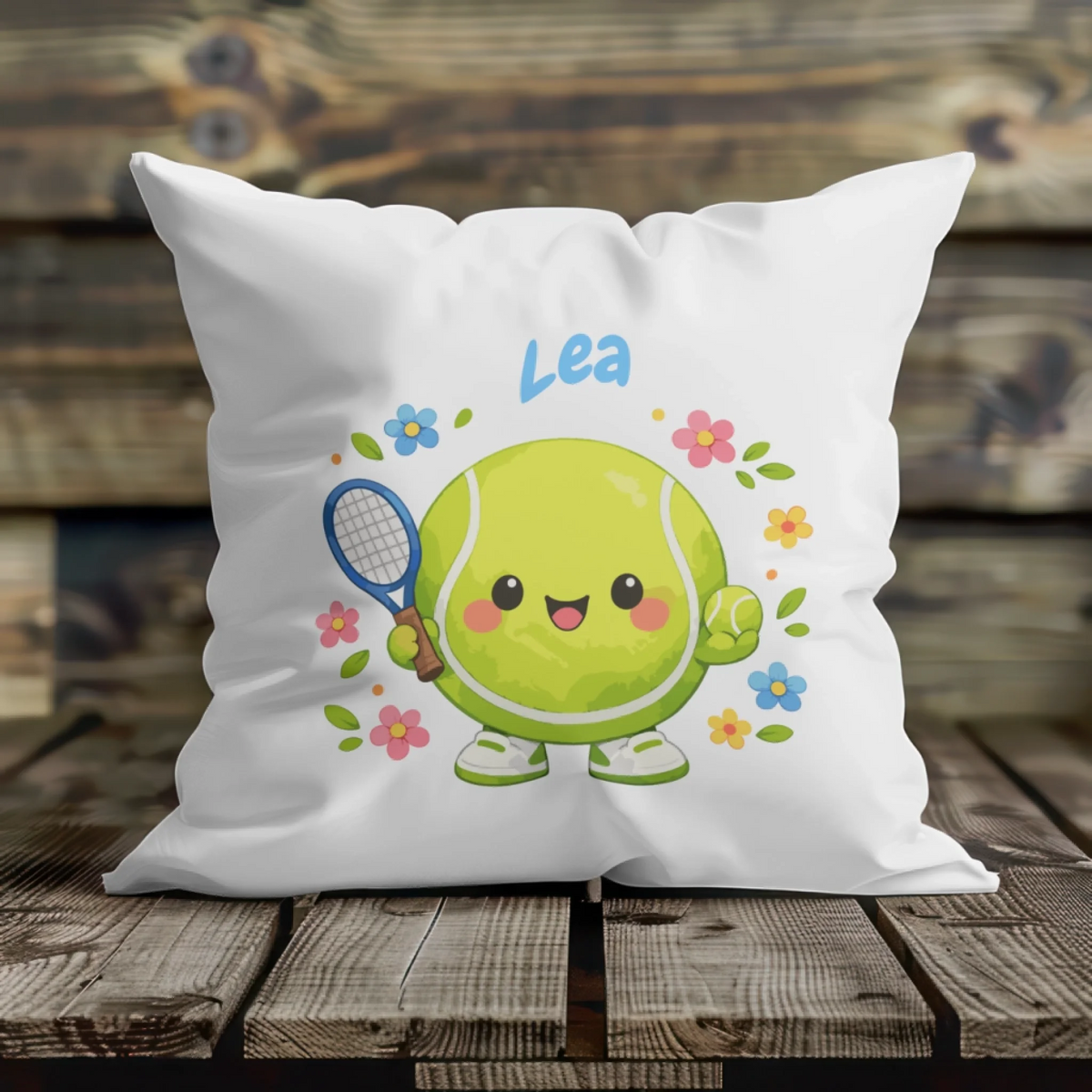 Tennisball Maskottchen mit Name auf Kissen