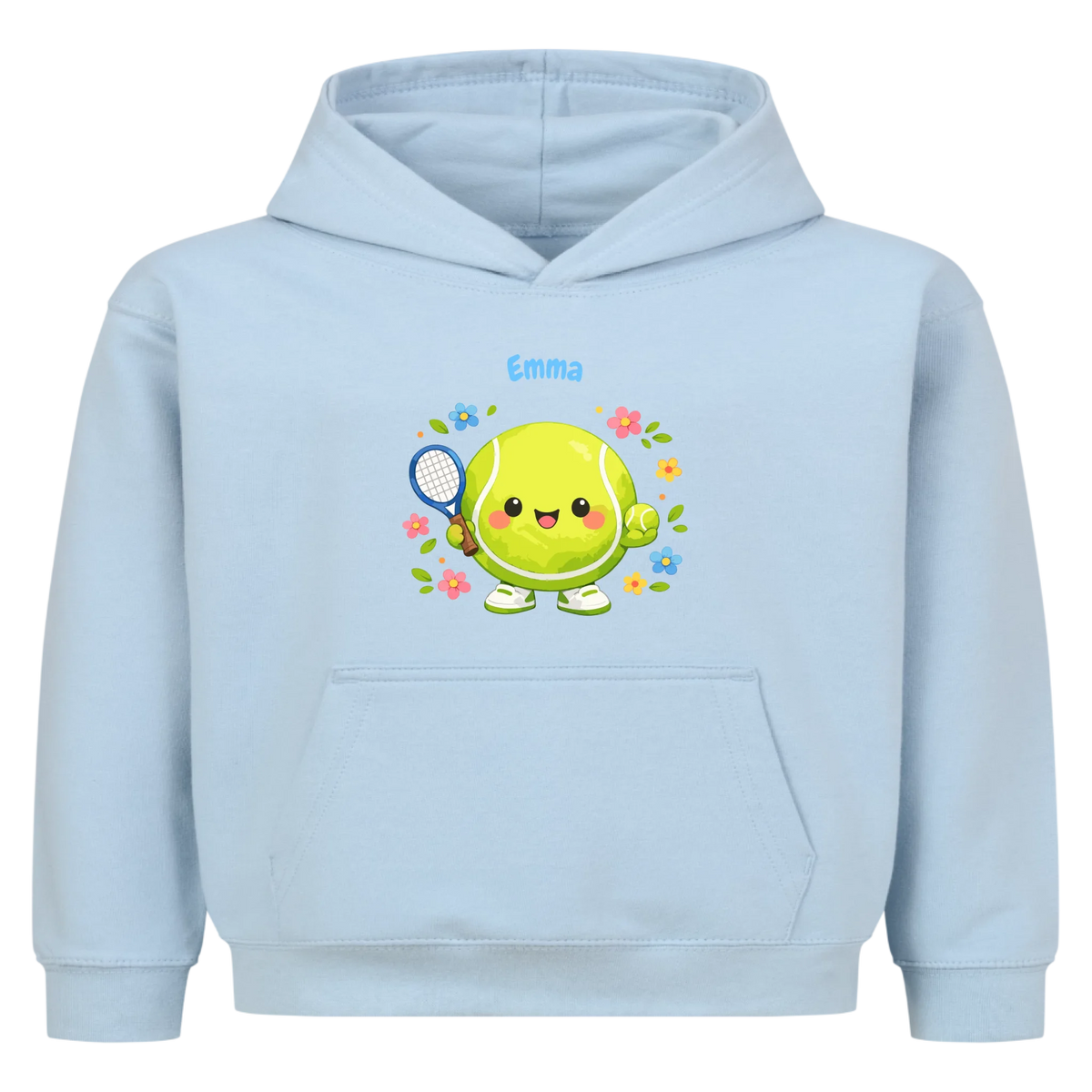 Tennisball Maskottchen auf Kinder-Hoodie, Farbe babyblau