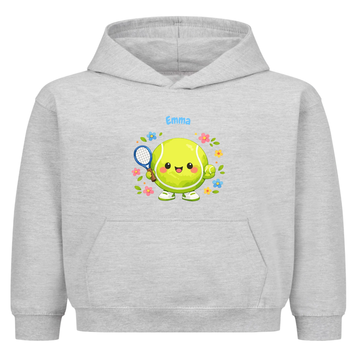 Tennisball Maskottchen auf Kinder-Hoodie, Farbe grau meliert