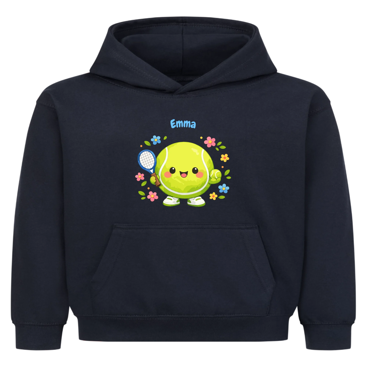 Tennisball Maskottchen auf Kinder-Hoodie, Farbe marineblau