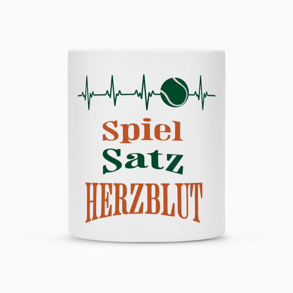 Spiel, Satz & Herzblut Clay auf Tasse, Farbe weiß