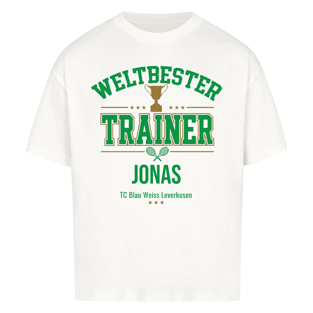 Weltbester Trainer Trophäe auf Oversized Shirt, Farbe weiß