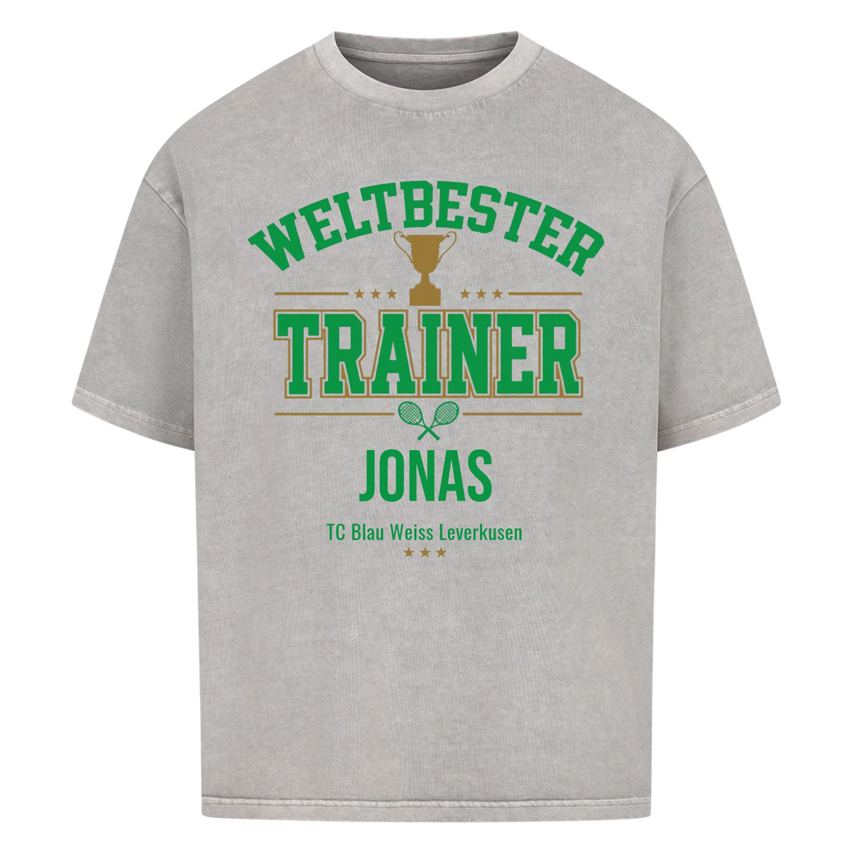 Weltbester Trainer Trophäe auf Oversized Shirt, Farbe verwaschen grau