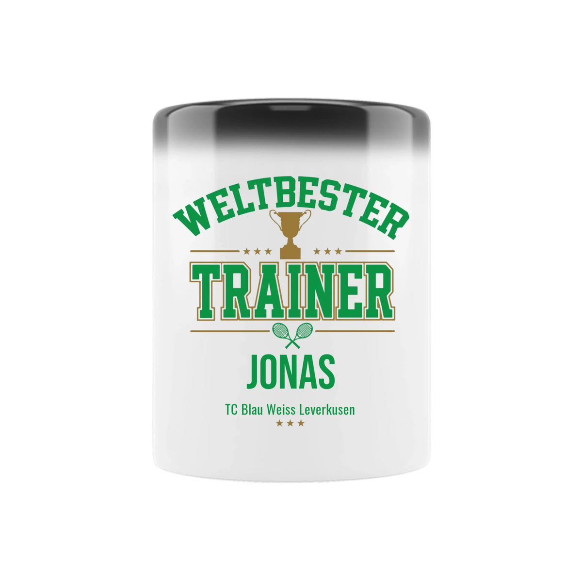 Weltbester Trainer Trophäe auf Zaubertasse, Farbe schwarz