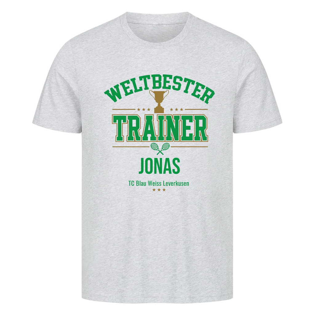 Weltbester Trainer Trophäe auf T-Shirt, Farbe grau meliert