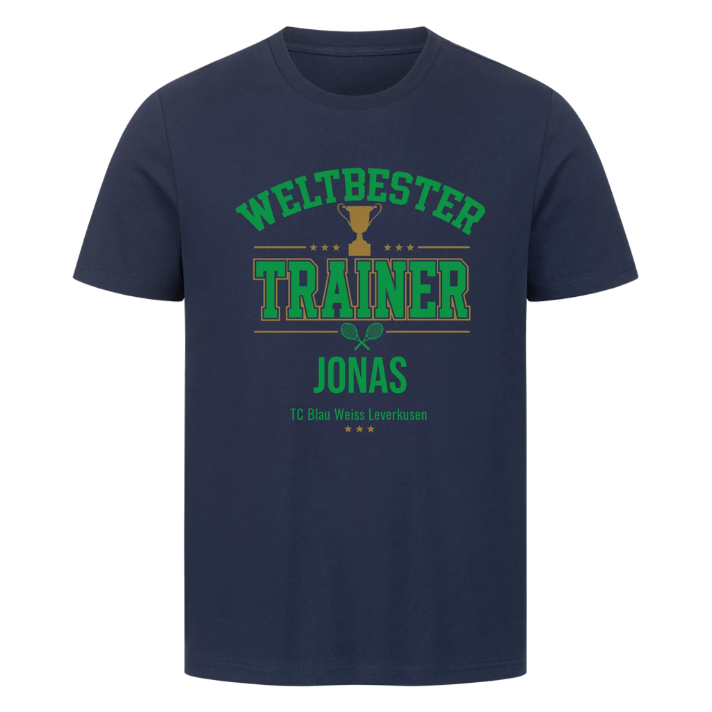 Weltbester Trainer Trophäe auf T-Shirt, Farbe marineblau
