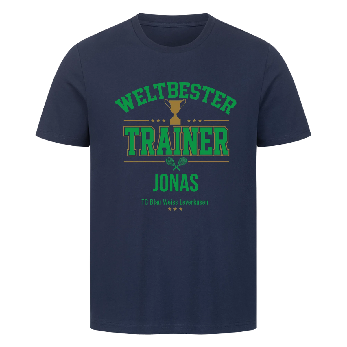 Weltbester Trainer Trophäe auf T-Shirt, Farbe marineblau