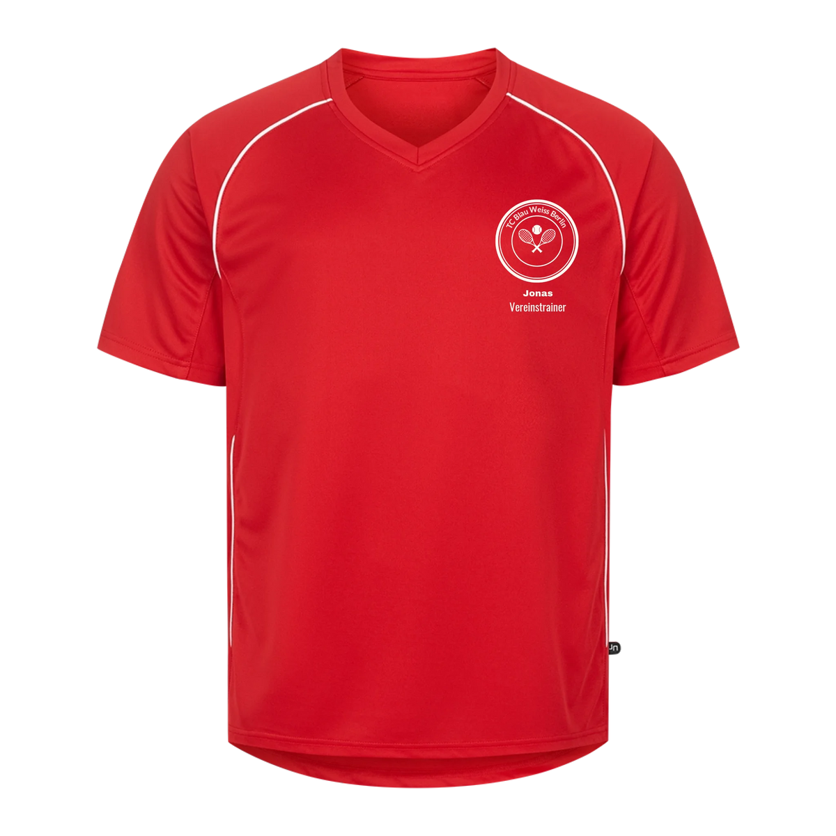 Vereinswappen mit Name auf Trikot, Farbe rot