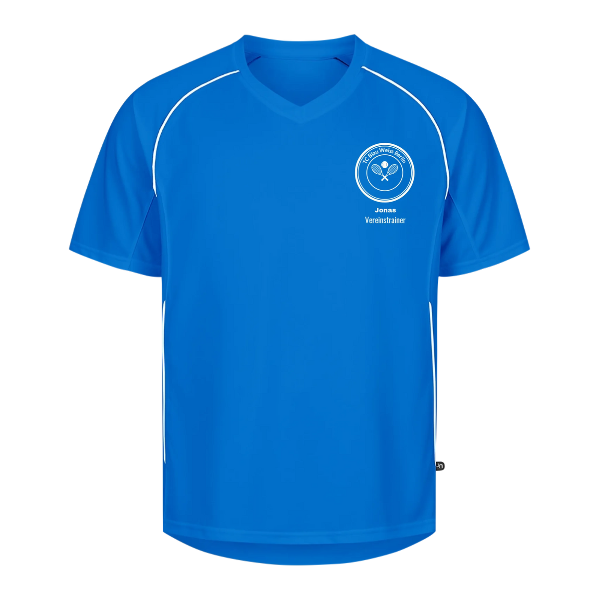 Vereinswappen mit Name auf Trikot, Farbe royalblau