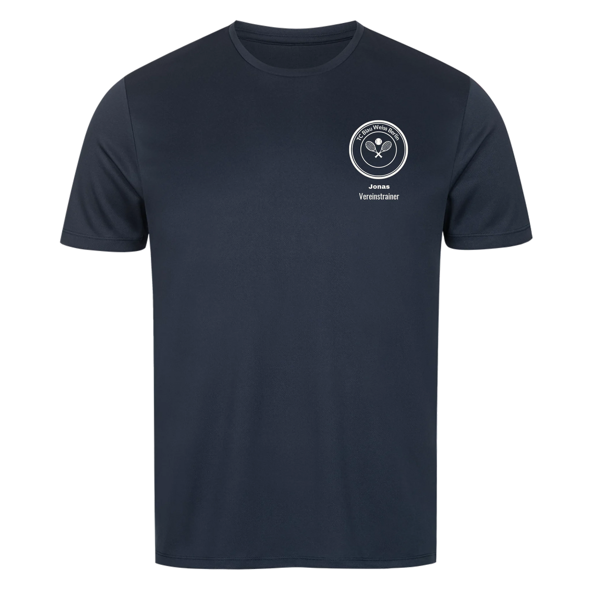 Vereinswappen mit Name auf Sport-Shirt, Farbe marineblau