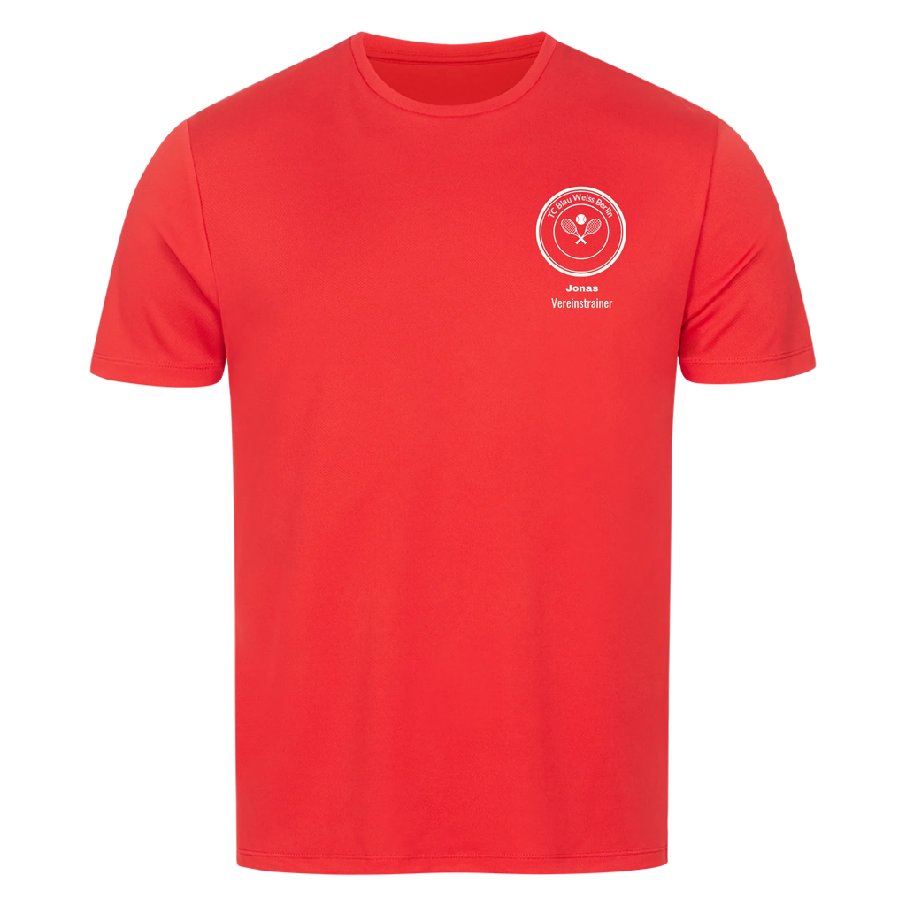 Vereinswappen mit Name auf Sport-Shirt, Farbe rot