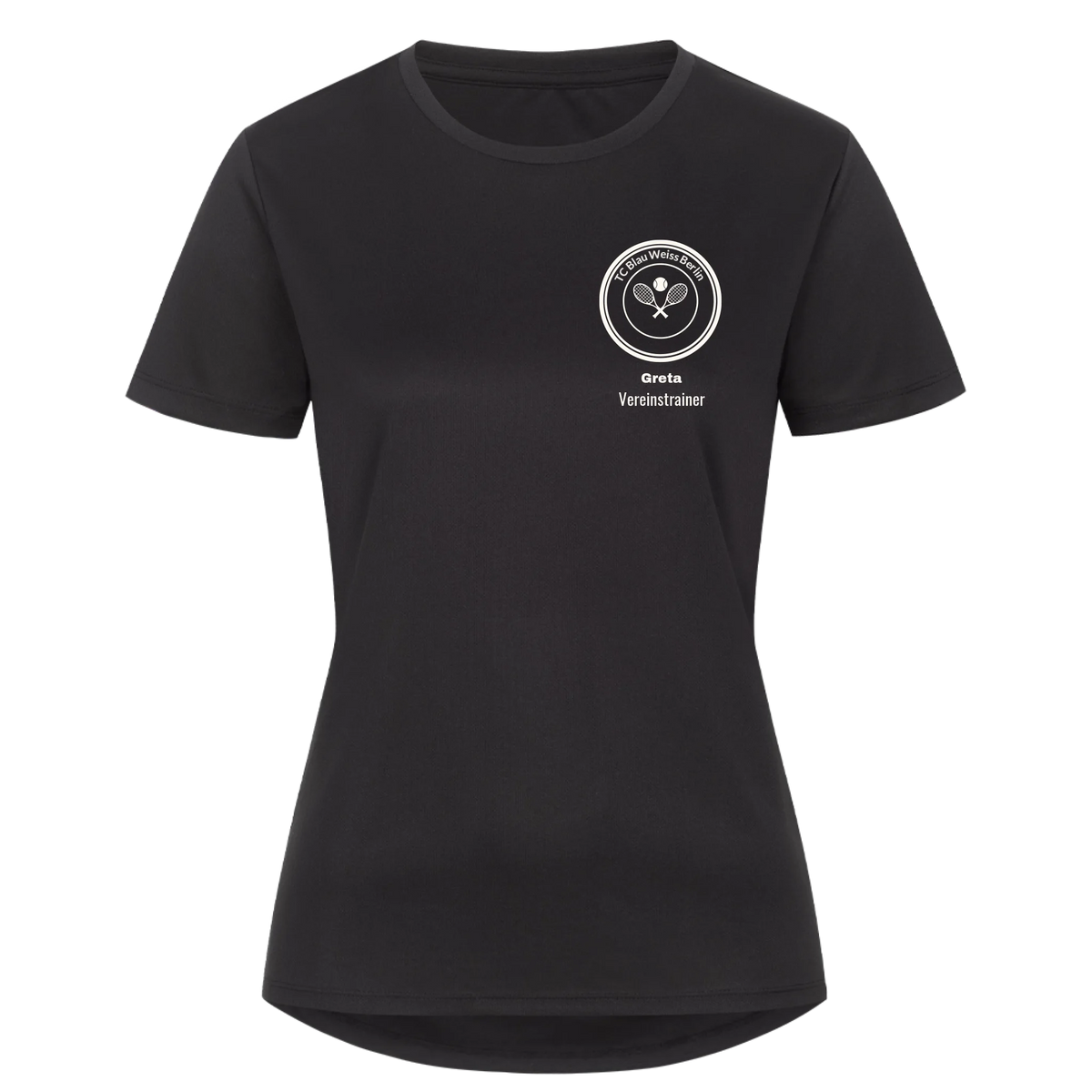 Vereinswappen mit Name auf Damen Sport-Shirt, Farbe schwarz
