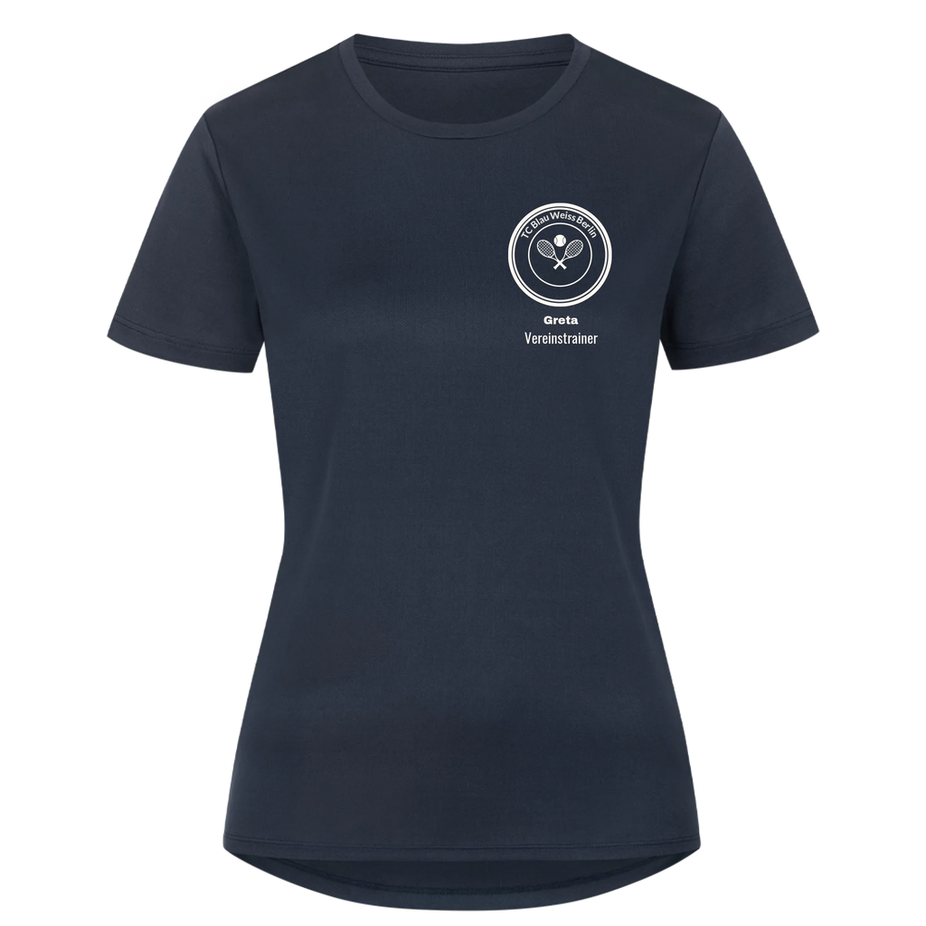 Vereinswappen mit Name auf Damen Sport-Shirt, Farbe marineblau
