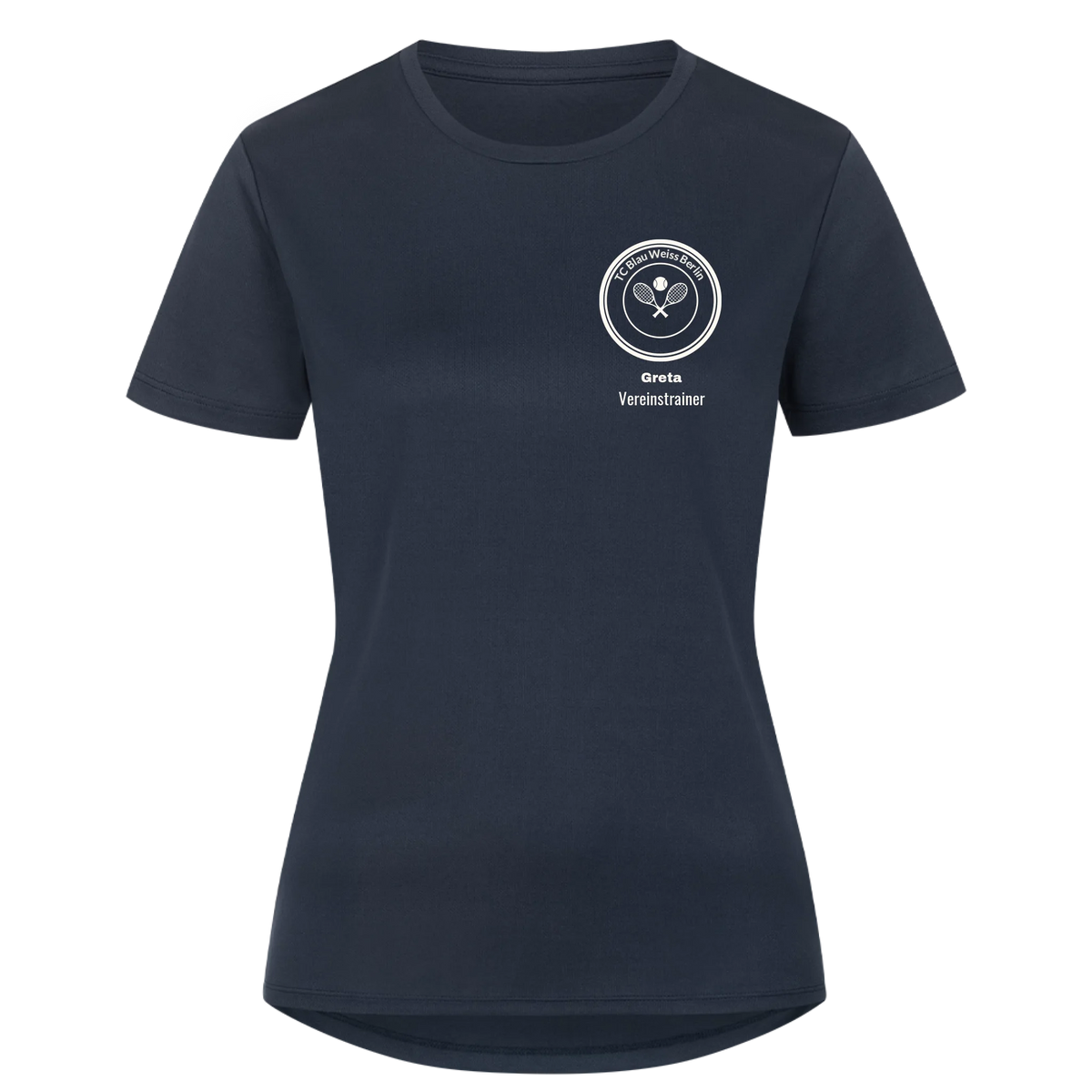 Vereinswappen mit Name auf Damen Sport-Shirt, Farbe marineblau
