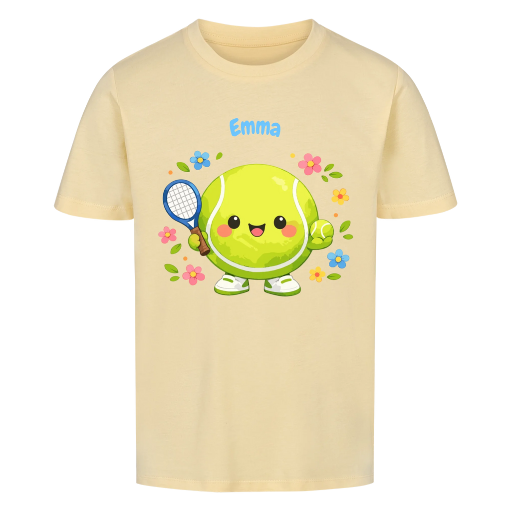 Tennisball Maskottchen auf Kinder-Shirt, Farbe buttergelb