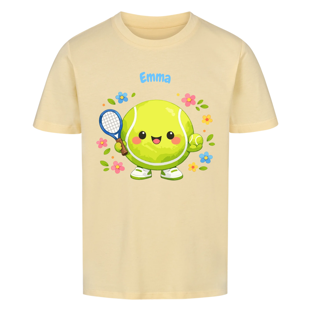 Tennisball Maskottchen auf Kinder-Shirt, Farbe buttergelb