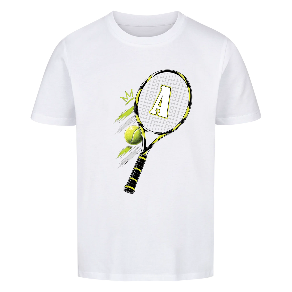Tennisschläger Initiale Classic auf Kinder-Shirt, Farbe weiß