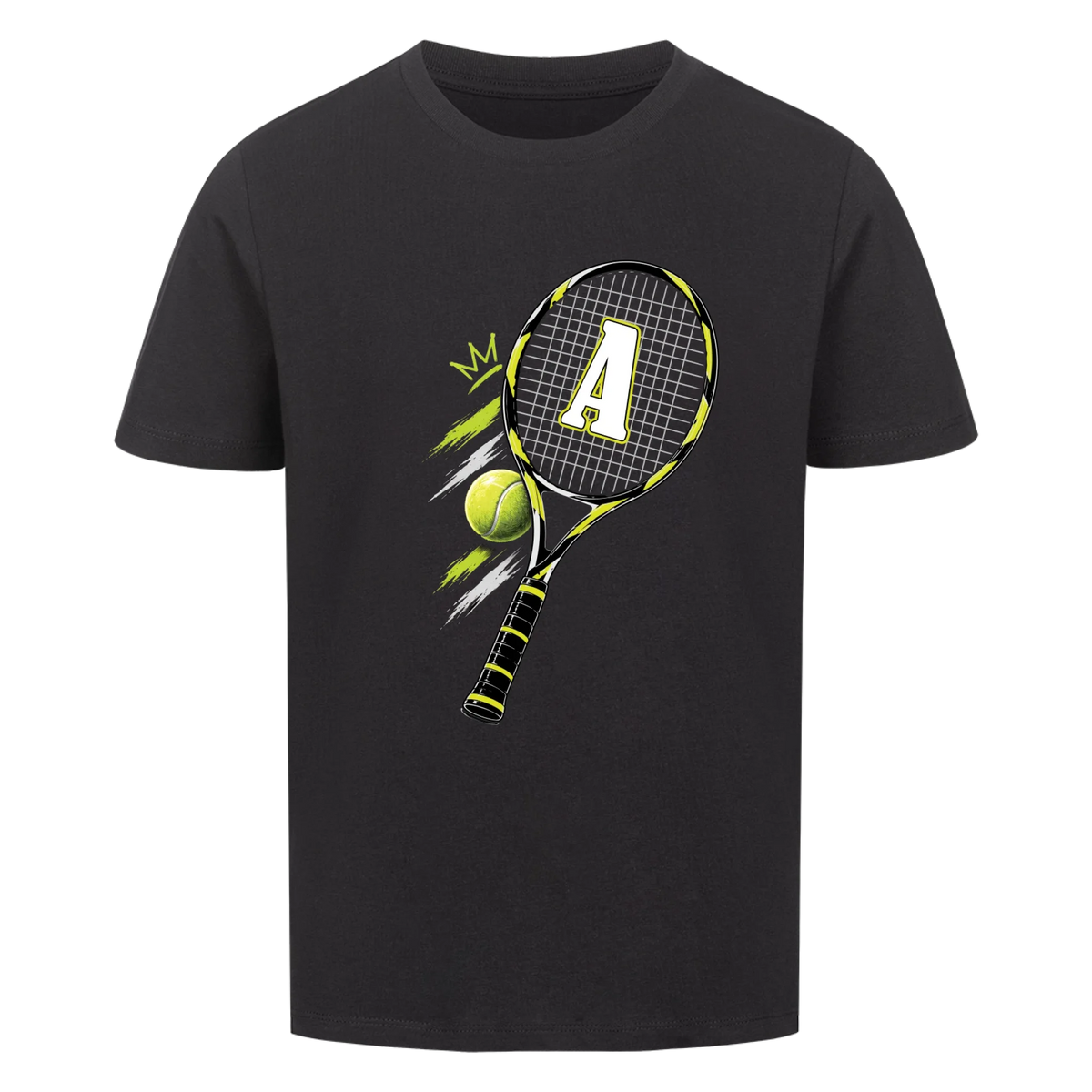 Tennisschläger Initiale Classic auf Kinder-Shirt, Farbe schwarz