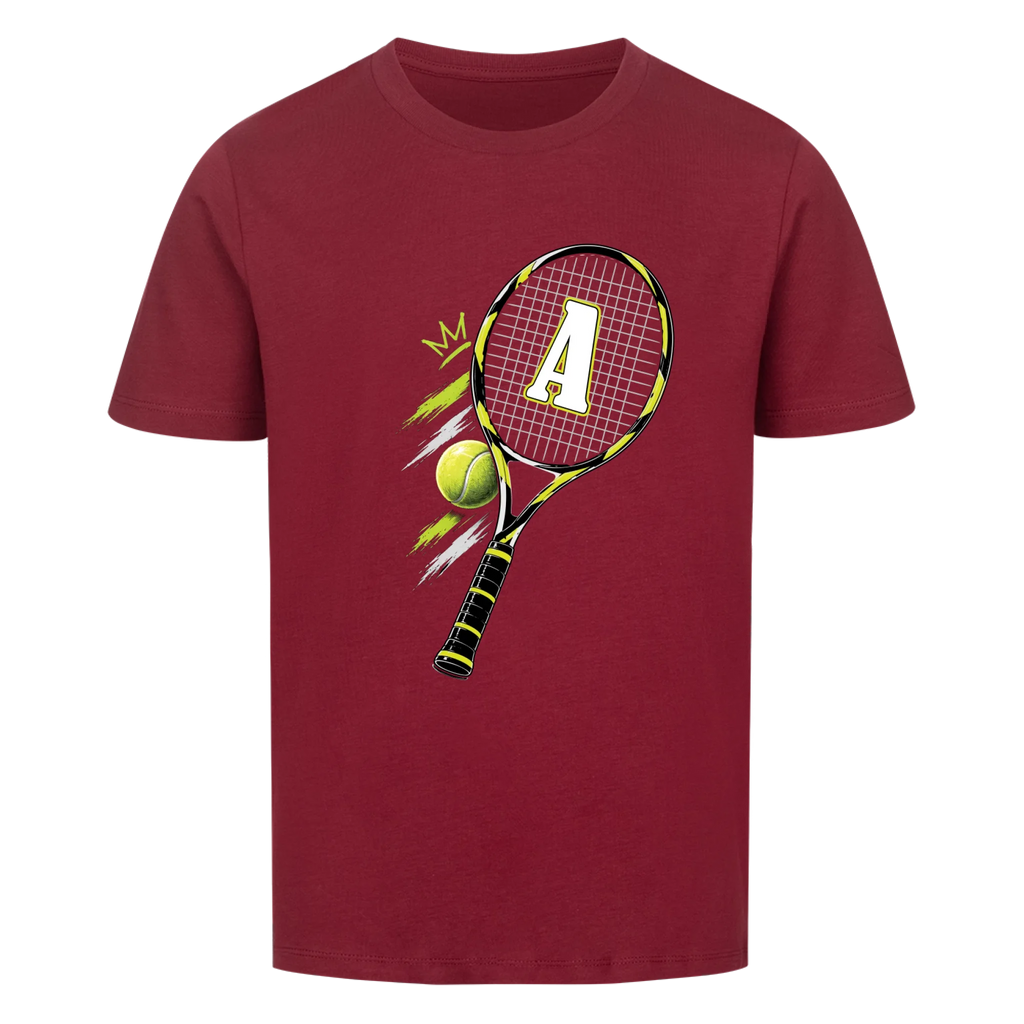 Tennisschläger Initiale Classic auf Kinder-Shirt, Farbe weinrot