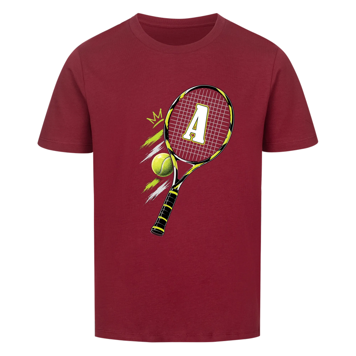 Tennisschläger Initiale Classic auf Kinder-Shirt, Farbe weinrot