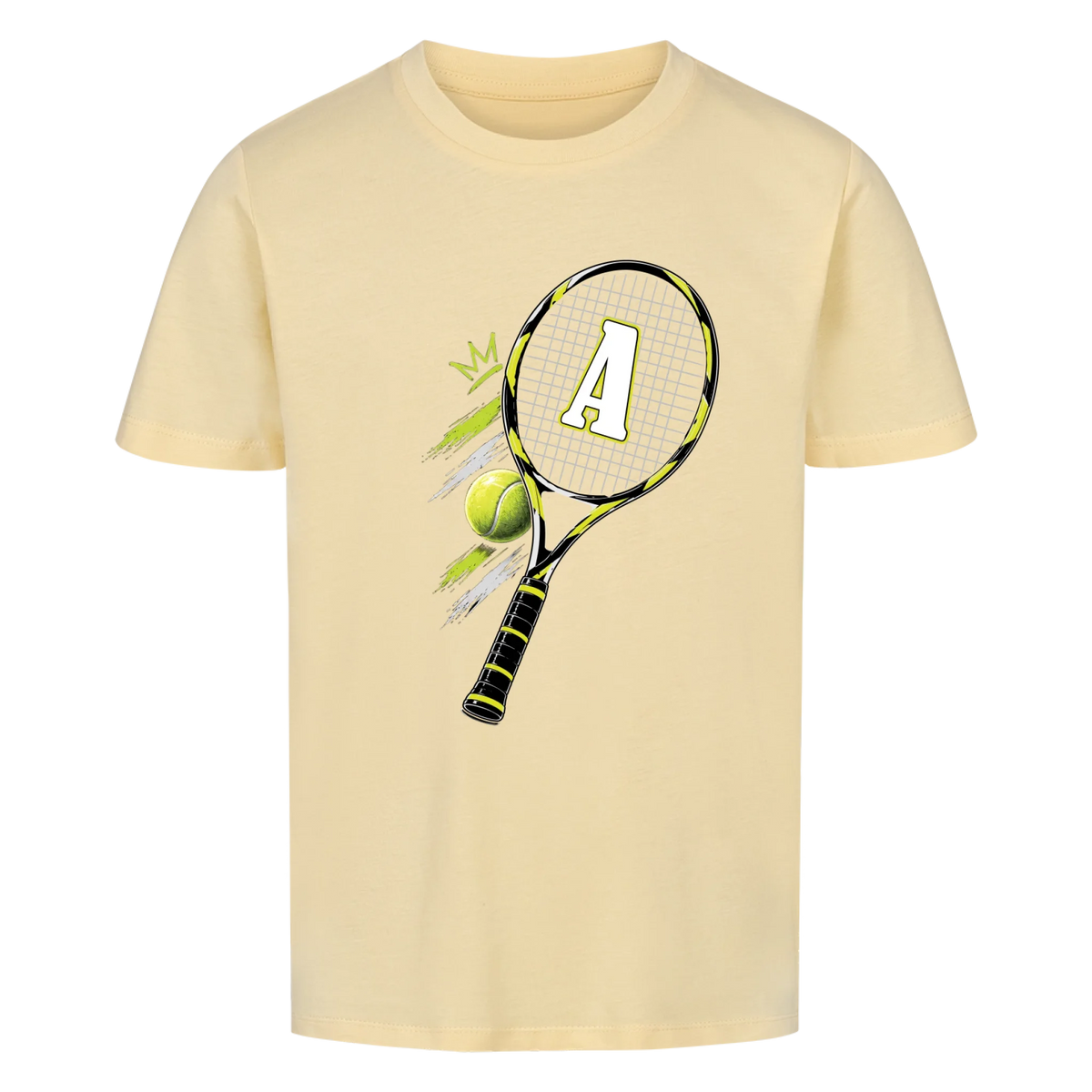 Tennisschläger Initiale Classic auf Kinder-Shirt, Farbe buttergelb
