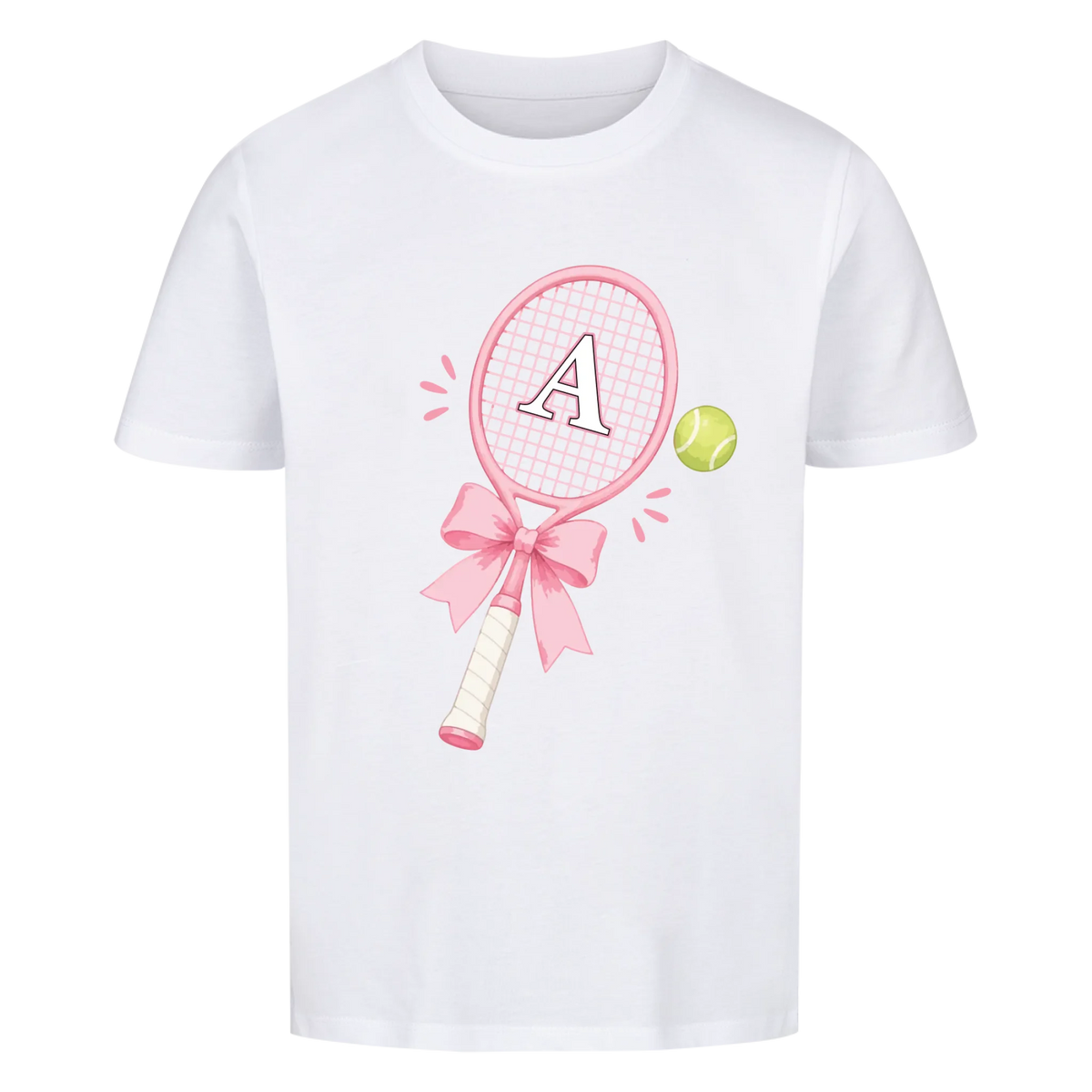 Tennisschläger Initiale Schleife auf Kinder-Shirt, Farbe weiß