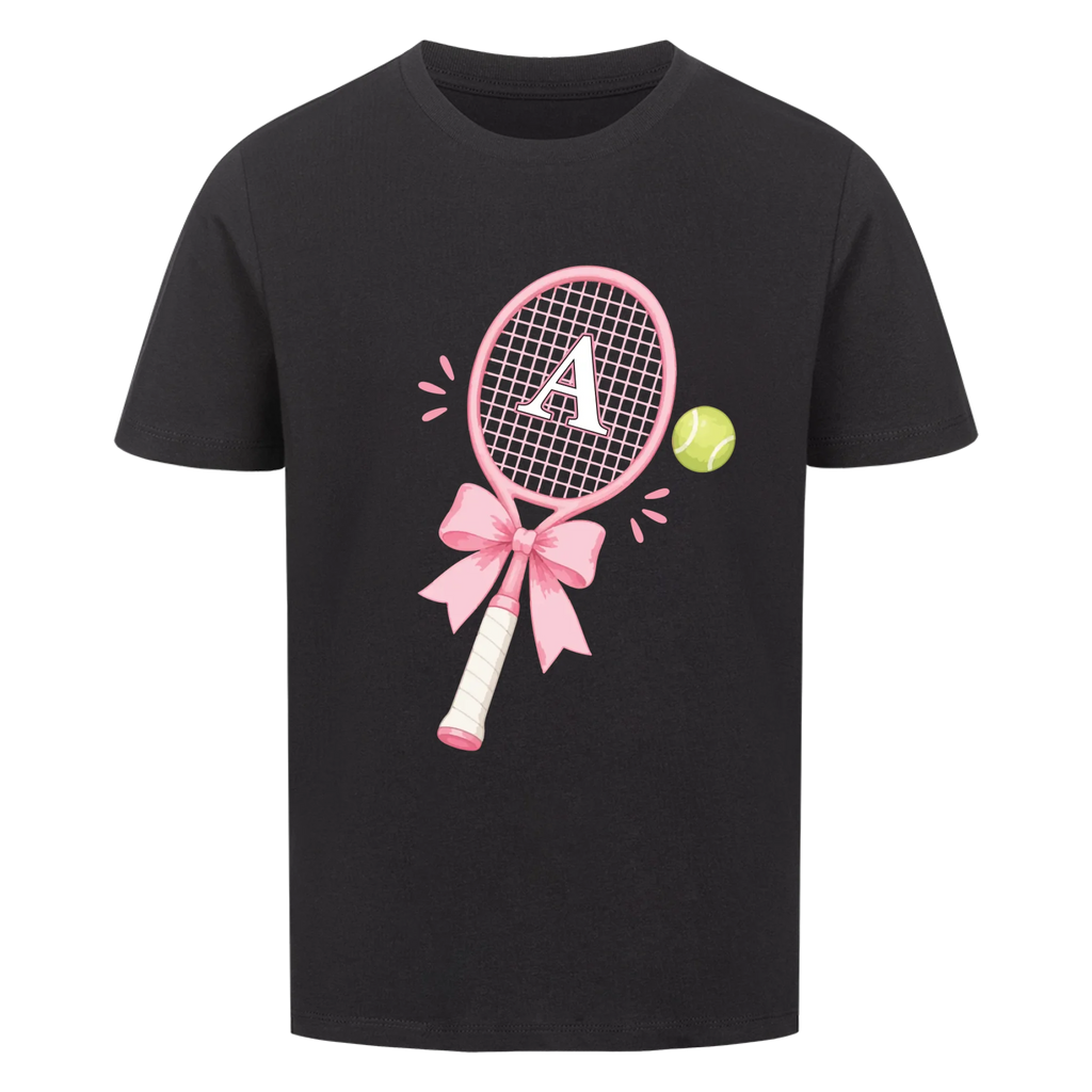 Tennisschläger Initiale Schleife auf Kinder-Shirt, Farbe schwarz